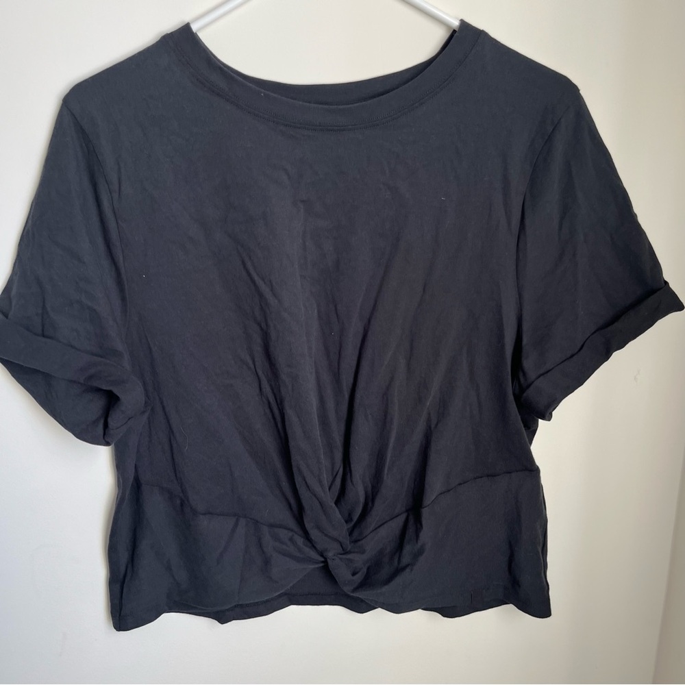 Fabletics Women's 100% Cotton Front-Twist Tee Black Short Sleeve Size XL NWT